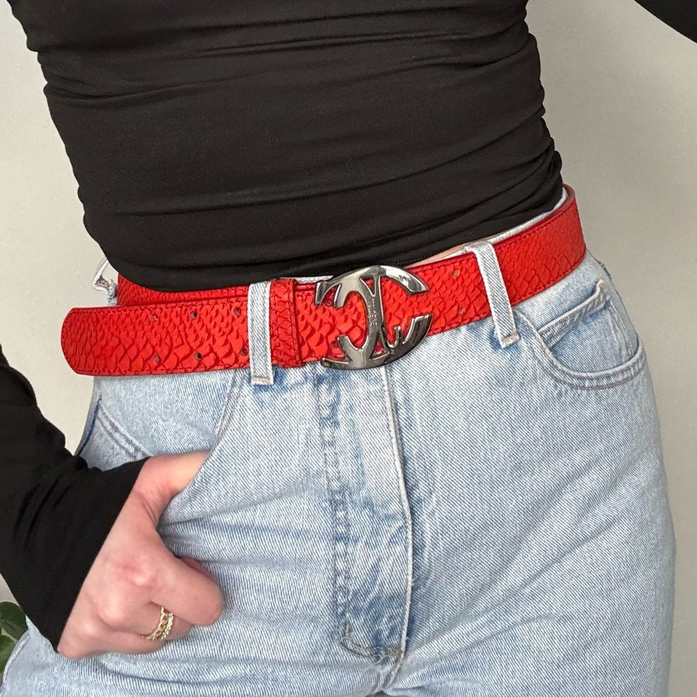 Just Cavalli Red Snake-Embossed Leather Belt w/ Silver Logo Buckle